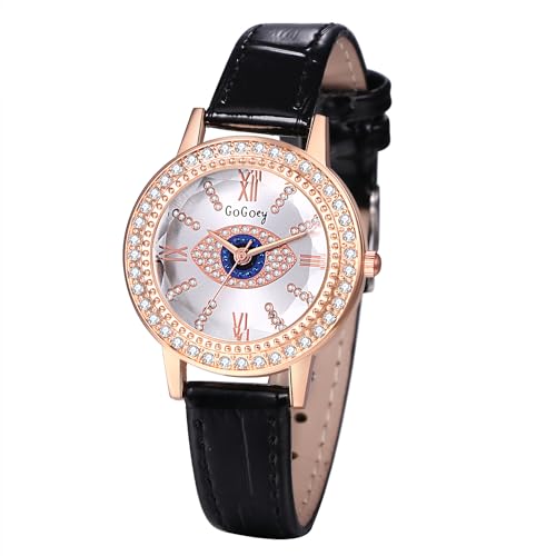 JewelryWe Uhren Damen Leder Strass: Schwarz Böser Blick Glitzer Diamant Analog Quarz Armbanduhr Frauen Böhmische Lässige Uhr mit Bling Auge Evil Eye Römischen Ziffern Zifferblatt und Leder Armband von JewelryWe