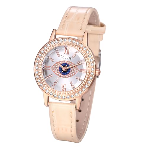 JewelryWe Uhren Damen Leder Strass: Weiß Böser Blick Glitzer Diamant Analog Quarz Armbanduhr Frauen Böhmische Lässige Uhr mit Bling Auge Evil Eye Römischen Ziffern Zifferblatt und Leder Armband von JewelryWe