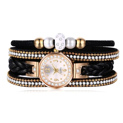 JewelryWe Uhren Damen Leder Vintage: Glitzer Strass Schwarz Mehrreihig Geflochten Lederarmband Armbanduhr Frauen Analog Quarz Uhr mit Kugel Perlenarmband Geschichtet Leder Armband Surferarmband von JewelryWe