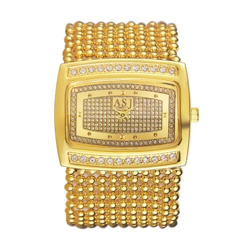 JewelryWe Uhren Damen Rechteckig Gold: Glitzer Strass Analog Quarz Armbanduhr Breit Mehrreihig Perlenarmband Metallarmband Damenuhr Bling Beiläufige Uhr mit gläzend großem Rechteck Zifferblatt von JewelryWe