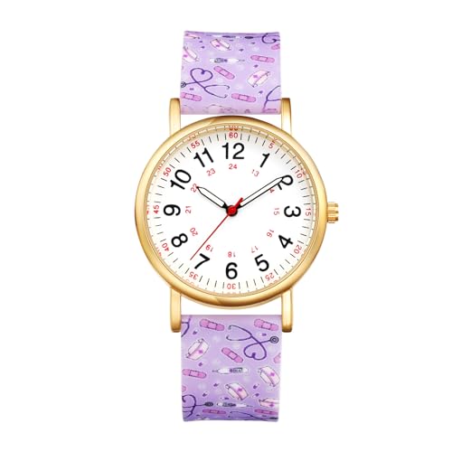 JewelryWe Uhren Damen Silikon Schwesternuhr: 30M Wasserdicht Analog Quarz Armbanduhr Frauen Medizinische Muster Lila Gummi Armband Uhr mit Digital Zifferblatt für Krankenschwester Ärzte Sanitäter von JewelryWe