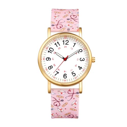 JewelryWe Uhren Damen Silikon Schwesternuhr: 30M Wasserdicht Analog Quarz Armbanduhr Frauen Medizinische Muster Rosa Gummi Armband Uhr mit Digital Zifferblatt für Krankenschwester Ärzte Sanitäter von JewelryWe