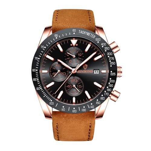 JewelryWe Uhren Herren Echtleder Chronograph: 30m Wasserdicht Analog Quarz Armbanduhr Männer Leder Armband Uhr mit Stoppuhr Kalender Tachometer Leuchtzeiger und Schwarz Gehäuse von JewelryWe