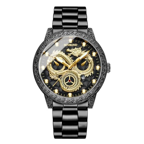 JewelryWe Uhren Herren Edelstahl Drache: Datum Kalender 30m wasserdichte Analog Quarz Armbanduhr Männer Schwarz Edelstahl Armband Uhr mit geprägten golden Drachen Zifferblatt und Leuchtzeiger von JewelryWe