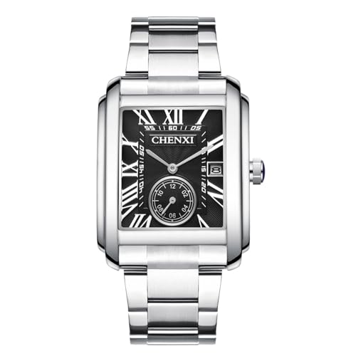 JewelryWe Uhren Herren Edelstahl Herrenuhr: 30 Wasserdicht Datum Kalender Analog Quarz Armbanduhr Männer Edelstahl Armband Uhr mit Schwarz Rechteckigem Römischen Ziffern Zifferblatt von JewelryWe