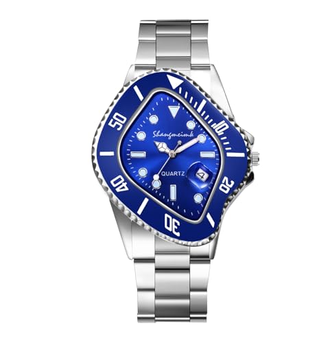 JewelryWe Uhren Herren Edelstahl Herrenuhr: Einzigartig Datum Kalender Analog Quarz Armbanduhr Silber Edelstahl Armband Männer Uhr mit Blau unregelmäßig geformtem Zifferblatt und Leuchtzeiger von JewelryWe