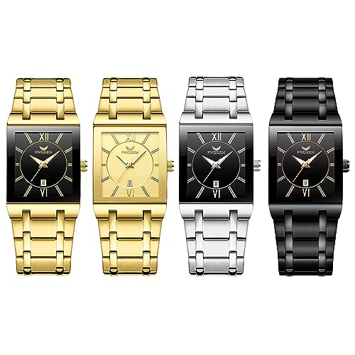 JewelryWe Uhren Herren Edelstahl Quadrat - 4pcs Quadratische Römische Ziffern Zifferblatt 30m wasserdichte Kalender Analog Quarz Armbanduhr mit Edelstahl Armband Geschäfts Lässige Uhr für Männer von JewelryWe