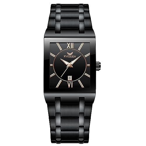 JewelryWe Uhren Herren Edelstahl Quadrat - Schwarz Quadratische Römische Ziffern Zifferblatt 30m wasserdichte Kalender Analog Quarz Armbanduhr mit Schwarz Edelstahl Armband Uhr für Männer von JewelryWe