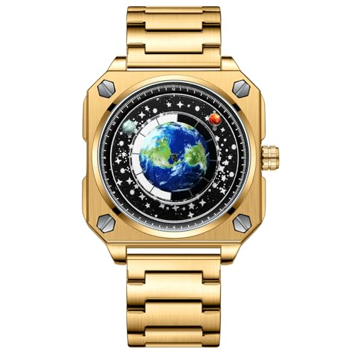 JewelryWe Uhren Herren Edelstahl Quadratisch: 30m Wasserdicht Analog Quarz Armbanduhr Männer Gold Edelstahl Armband Uhr mit Mond Venus Erde Sternenhimmel Rundem Zifferblatt und Rechteckigem Gehäuse von JewelryWe