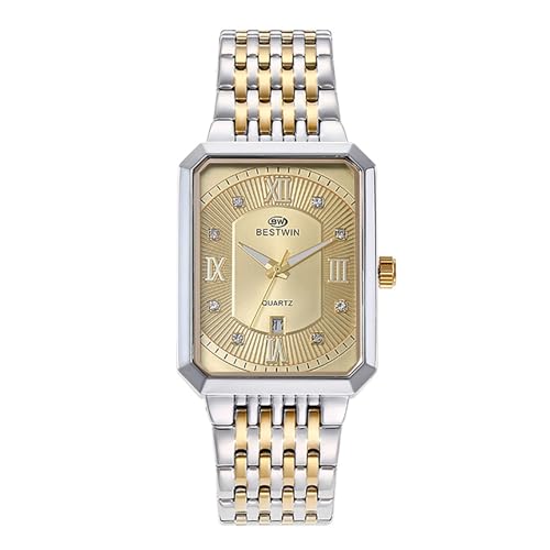 JewelryWe Uhren Herren Edelstahl Rechteckig: 30m wasserdichte Kalender Analog Quarz Armbanduhr Herrenuhr Edelstahl Band Geschäft Lässige Uhr mit Gold Strass Römischen Zahlen Rechteck Zifferblatt von JewelryWe