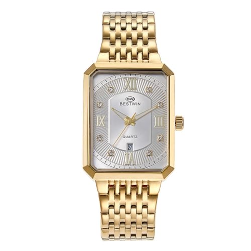 JewelryWe Uhren Herren Edelstahl Rechteckig: 30m wasserdichte Kalender Analog Quarz Armbanduhr Herrenuhr Gold Edelstahlband Geschäft Uhr mit Silber Strass Römischen Zahlen Rechteck Zifferblatt von JewelryWe