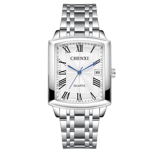 JewelryWe Uhren Herren Edelstahl Rechteckig: 30m wasserdichte Kalender Analog Quarz Armbanduhr Männer Silber Edelstahl Band Uhr Herrenuhr mit Weiß Rechteck Römischen Zahlen Zifferblatt von JewelryWe