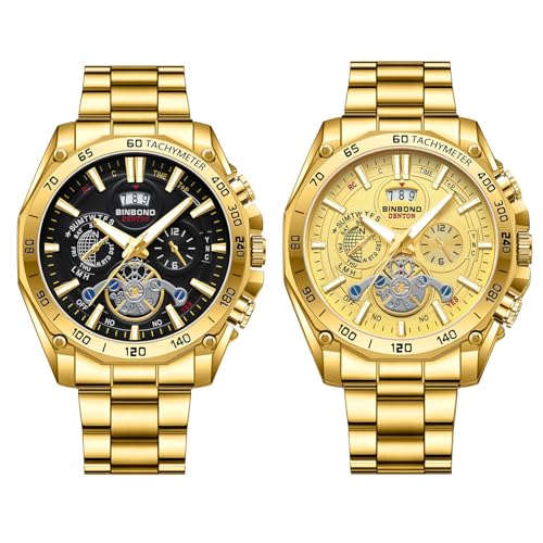 JewelryWe Uhren Herren Edelstahl Tourbillon: 2pcs Luxus Datum Kalender 30m wasserdichte Analog Quarz Armbanduhr Männer Gold Edelstahl Armband Uhr mit Rundem Tourbillon Zifferblatt und Leuchtzeiger von JewelryWe