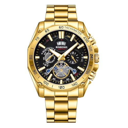 JewelryWe Uhren Herren Edelstahl Tourbillon: Luxus Datum Kalender 30m wasserdichte Analog Quarz Armbanduhr Männer Gold Edelstahl Armband Uhr mit Schwarz Rundem Tourbillon Zifferblatt und Leuchtzeiger von JewelryWe