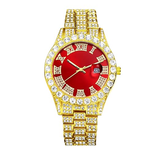 JewelryWe Uhren Herren Iced Out Diamant: Glitzer Strass Datum Kalender Analog Quarz Armbanduhr Männer Frauen Uhr mit Rot Römischen Ziffern Zifferblatt und Gold Metallarmband von JewelryWe