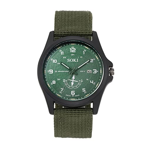 JewelryWe Uhren Herren Kalender Analog Quarz Armbanduhr Klassische Einfache Beiläufige Uhr Sportuhr mit Nylon Textil Armband Armeegrün von JewelryWe