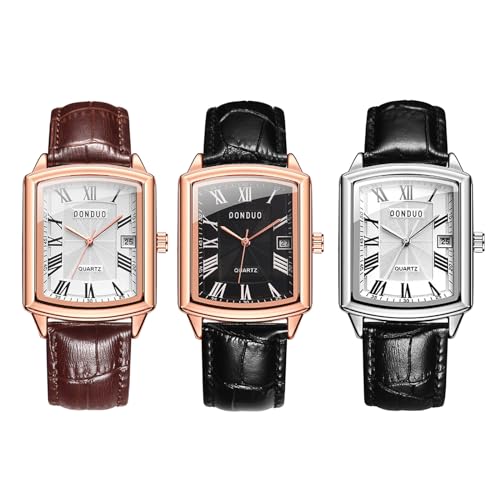 JewelryWe Uhren Herren Leder Rechteckig: 3pcs Klassische 30m wasserdichte Datum Kalender Analog Quarz Armbanduhr Männer Leder Armband Uhr mit Rechteckigem Römischen Ziffern Zifferblatt von JewelryWe