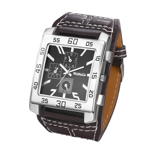 JewelryWe Uhren Herren Leder Rechteckig: Braun Steampunk Vintage Analog Quarz Armbanduhr Männer Groß Breit Leder Armband Uhr mit Arabischen Ziffern Rechteck Zifferblatt von JewelryWe