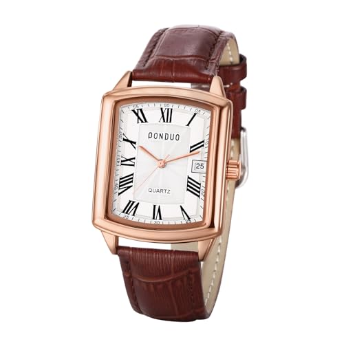 JewelryWe Uhren Herren Leder Rechteckig: Klassische 30m wasserdichte Datum Kalender Analog Quarz Armbanduhr Männer Braun Leder Armband Uhr mit Weiß Rechteckigem Römischen Ziffern Zifferblatt von JewelryWe