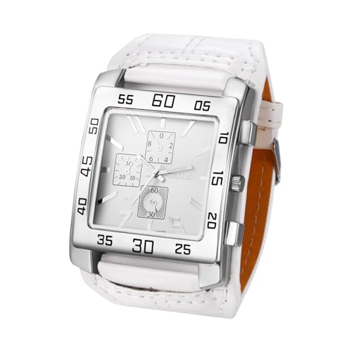 JewelryWe Uhren Herren Leder Rechteckig: Weiß Steampunk Vintage Analog Quarz Armbanduhr Männer Groß Breit Leder Armband Uhr mit Arabischen Ziffern Rechteck Zifferblatt von JewelryWe