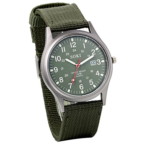 JewelryWe Uhren Herren Nylon Militär: 12/24H Datum Kalender Analog Quarz Armbanduhr Männer Feld Taktische Uhr Militäruhr mit Armeegrün Verlängertem Nylon Textil Armband und Leuchtzeiger von JewelryWe