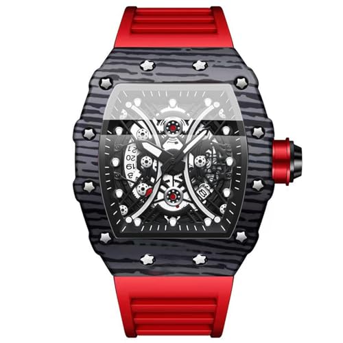 JewelryWe Uhren Herren Silikon Tonneau - 30m Wasserdicht Datum Kalender Analog Quarz Armbanduhr Männer Rot Silikon Armband Militär Sport Uhr mit großem Zahnrad Zifferblatt und Leuchtzeiger von JewelryWe