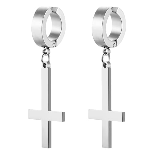 JewelryWe Umgekehrt Kreuz Ohrringe Creolen: Silber Edelstahl Umgedreht Upside Down Kreuz Petruskreuz Non-piercing Ohrclips Ohne Loch Fake Ohrstecker Klappcreolen Huggie Hoop für Herren Damen von JewelryWe