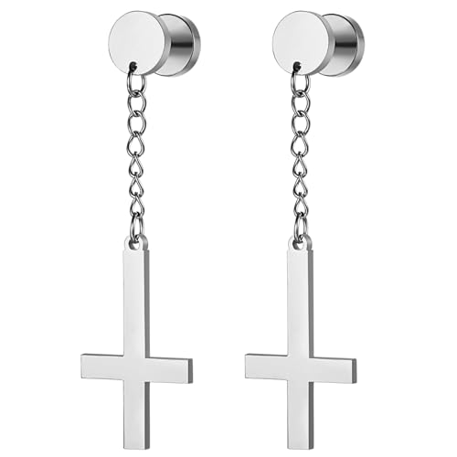 JewelryWe Umgekehrt Kreuz Ohrringe Tunnel: Silber Edelstahl Fake Plug Ohrstecker mit baumelnde lange Umgedreht Upside Down Kreuz Petruskreuz Kette Satanische Schraube Ohrringe für Herren Damen von JewelryWe