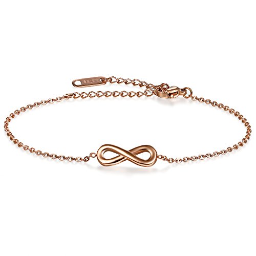 JewelryWe Unendlichkeitszeichen Armband Damen Fußkette: Edelstahl Infinity Unendlichkeit Lieben Zeichen Charm Armkette Fußkettchen Armreif für Frauen Mädchen Rosegold Verstellbare Länge von JewelryWe