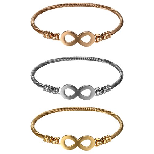 JewelryWe Unendlichkeitszeichen Armreif Damen Armband: 3pcs Set Edelstahl Elegant Lieben Infinity Unendlichkeit Zeichen Draht Kabel Viking Stulpe Manschetten Armspange Rosegold Gold Silber von JewelryWe