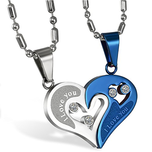 JewelryWe Valentinstag Schmuck 2PCS Paare Halskette Partnerketten Freundschaftsketten Partneranhänger Edelstahl I Love You Gravur Herz Puzzle Anhänger Kette Blau Silber von JewelryWe