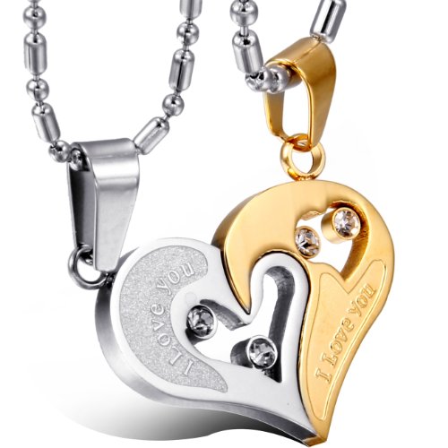 JewelryWe Valentinstag Schmuck Edelstahl Paare Anhänger Halskette, I Love You Herz Puzzle Design, Partnerketten Gold/Silber von JewelryWe