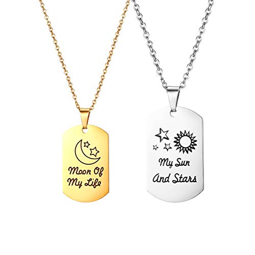 JewelryWe Valentinstag Schmuck Paare Halskette Edelstahl Dog Tag Hundemarke Partner-Anhänger Partneketten mit Gravur Moon of My Life und My Sun and Stars Pärchen Kette Gold Silber von JewelryWe