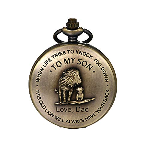 JewelryWe Vatertagsgeschenk Taschenuhr Herren Vintage Löwen Vater und Sohn Analog Quarz Uhr mit Halskette Kette Uhranhänger Pocket Watch von JewelryWe