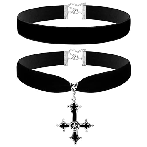 JewelryWe Velvet Choker Damen Halsband: 2 Stück Schwarz Samt Leder Choker Kette mit Umgekehrt Upside Down Kreuz Petruskreuz Anhänger Punk Gothic Kragen Halskette Satanisches Schmuck von JewelryWe