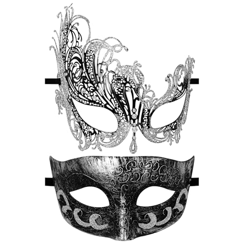 JewelryWe Venezianische Maske Metallmaske Paar: Schwarz Metall Maskerade Maske Schmetterling Augenmaske mit Glitzer Strass Halloween Karneval Hochzeit Party Partner Kostümmaske für Sie und ihn von JewelryWe
