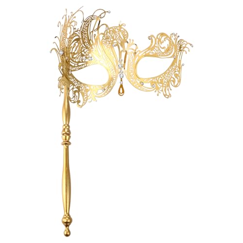 JewelryWe Venezianische Maske mit Stab für Damen: Gold Metall Strass Maskerade Maske mit Haltestab Filigrane Augenmaske Kostüm Accessoires für Halloween Karneval Party Maskenball von JewelryWe