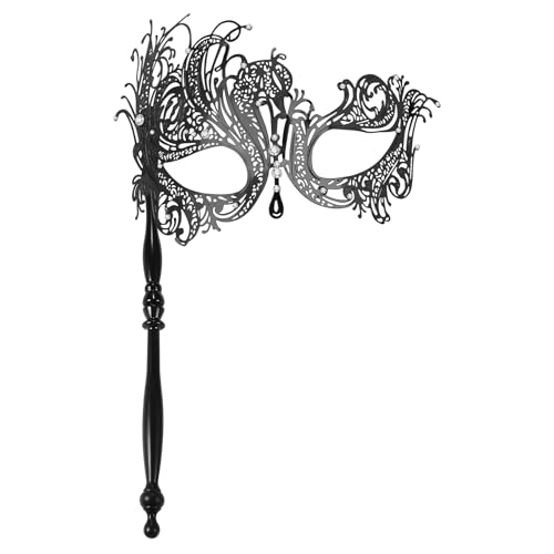 JewelryWe Venezianische Maske mit Stab für Damen: Schwarz Metall Strass Maskerade Maske mit Haltestab Filigrane Augenmaske Kostüm Accessoires für Halloween Karneval Party Maskenball von JewelryWe