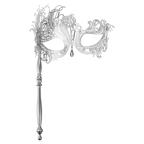 JewelryWe Venezianische Maske mit Stab für Damen: Silber Metall Strass Maskerade Maske mit Haltestab Filigrane Augenmaske Kostüm Accessoires für Halloween Karneval Party Maskenball von JewelryWe