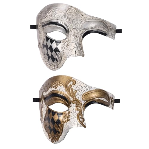JewelryWe Venezianische Maskerade Maske für Herren: 2 Stück Phantom der Oper Halbmaske Vintage Italienische Karnevalsmaske Halbgesichtsmaske Kostüm Maske für Männer Halloween Cosplay Karneval Party von JewelryWe