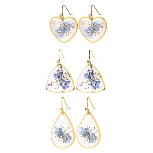 JewelryWe Vergissmeinnicht Ohrringe Gold Damen: 3 Paar Edelstahl Trockenblumen Tropfen Dreieck Herz Ohrringe Set Elegant Süße Gepresste Blumen Ohrhänger Hängeohrringe Schmuck Geschenk für Frauen von JewelryWe
