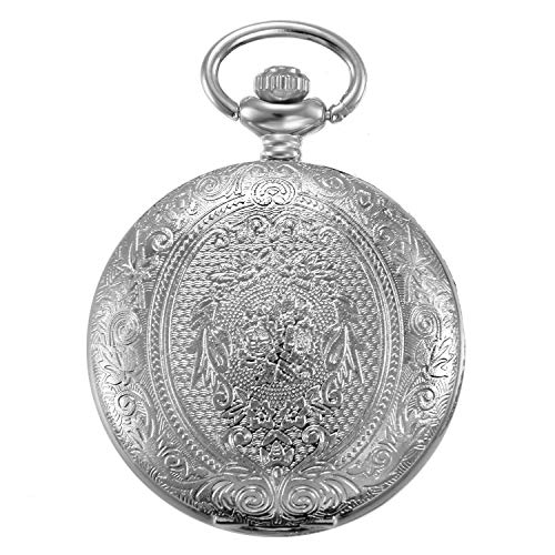 JewelryWe Vintage 24H Taschenuhr Retro Blumen Muster Herren Unisex Kettenuhr Analog Quarz Uhr mit Halskette Kette Pocket Watch Geschenk Silber von JewelryWe