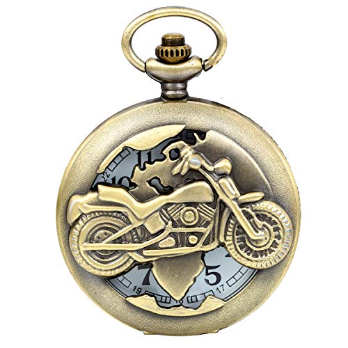 JewelryWe Vintage Bronze Motorrad Taschenuhr Herren Analog Quarz Uhr mit Halskette Kette Umhängeuhr Pocket Watch Vatertagsgeschenk von JewelryWe