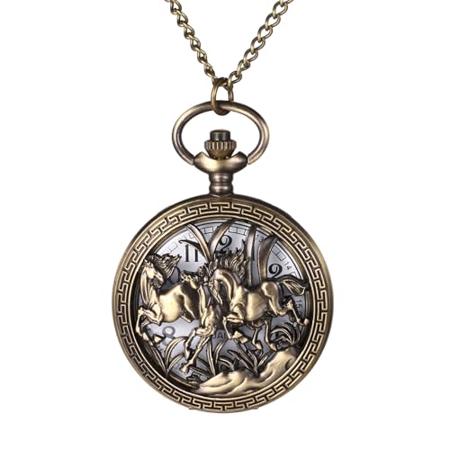 JewelryWe Vintage Pferde Taschenuhr mit Kette: Herren Damen Analog Quarz Kettenuhr Retro Bronze Galoppierende Pferde Skelett Uhr Anhänger mit Halskette Pocket Watch Geschenk von JewelryWe