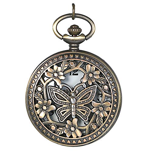 JewelryWe Vintage Taschenuhr Damen Schmetterling Kettenuhr Analog Quarz Uhr mit Halskette Kette Pocket Watch von JewelryWe