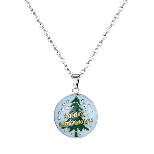 JewelryWe Weihnachten Weihnachtsbaum Anhänger Halskette: Unisex Edelstahl Kette mit Tannenbaum Rund Kreis Anhänger Weihnachts Schmuck Geschenk für Damen Herren Silber von JewelryWe