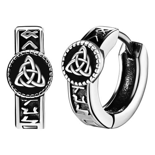 JewelryWe Wikinger Creolen Ohrringe Herren: Edelstahl Nordische Runen Irische Keltische Knoten Triquetra Creolen Huggie Hoop Ohrringe Viking Amulett Schmuck Geschenk für Männer Frauen Silber von JewelryWe