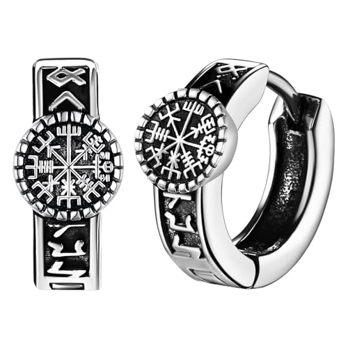 JewelryWe Wikinger Creolen Ohrringe Herren: Edelstahl Nordische Runen Kompass Vegvisir Creolen Huggie Hoop Ohrringe Viking Amulett Schmuck Geschenk für Männer Frauen Silber von JewelryWe