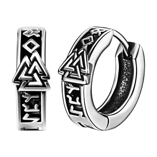 JewelryWe Wikinger Creolen Ohrringe Herren: Edelstahl Nordische Runen Valknut Odin Dreieck Creolen Huggie Hoop Ohrringe Viking Amulett Schmuck Geschenk für Männer Frauen Silber von JewelryWe