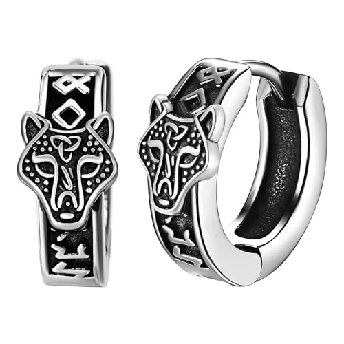 JewelryWe Wikinger Creolen Ohrringe Herren: Edelstahl Nordische Runen Wolf Wolfskopf Creolen Huggie Hoop Ohrringe Viking Amulett Schmuck Geschenk für Männer Frauen Silber von JewelryWe